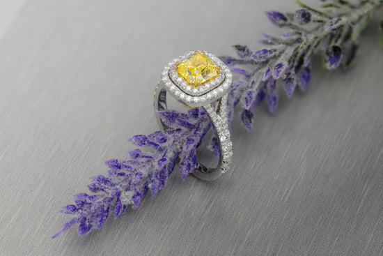 Fancy Intense Yellow Radiant Diamond Double Halo Ring