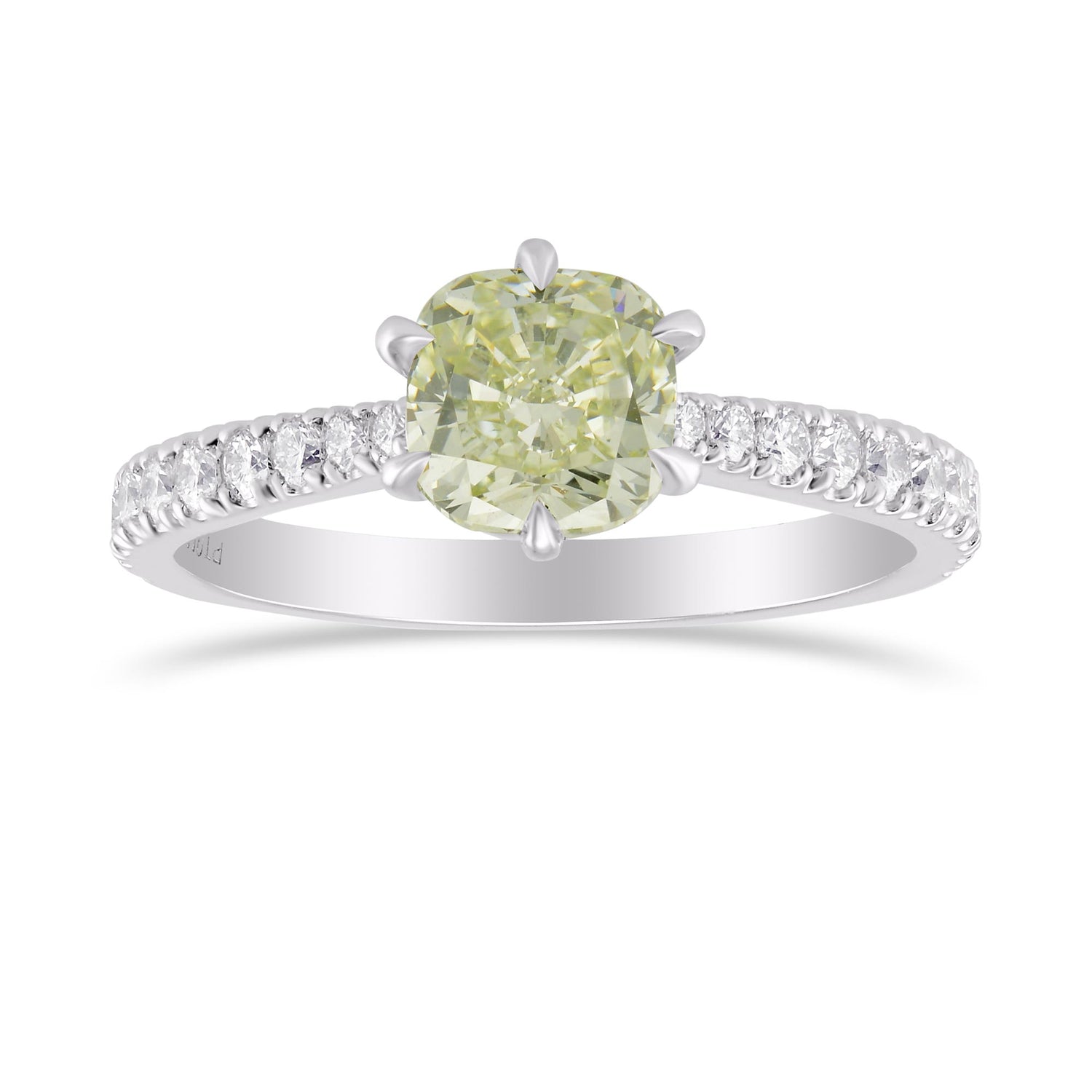 Fancy Yellowish Green Cushion Diamond Side Stone Ring