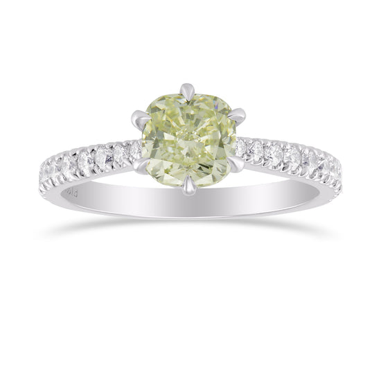 Fancy Yellowish Green Cushion Diamond Side Stone Ring