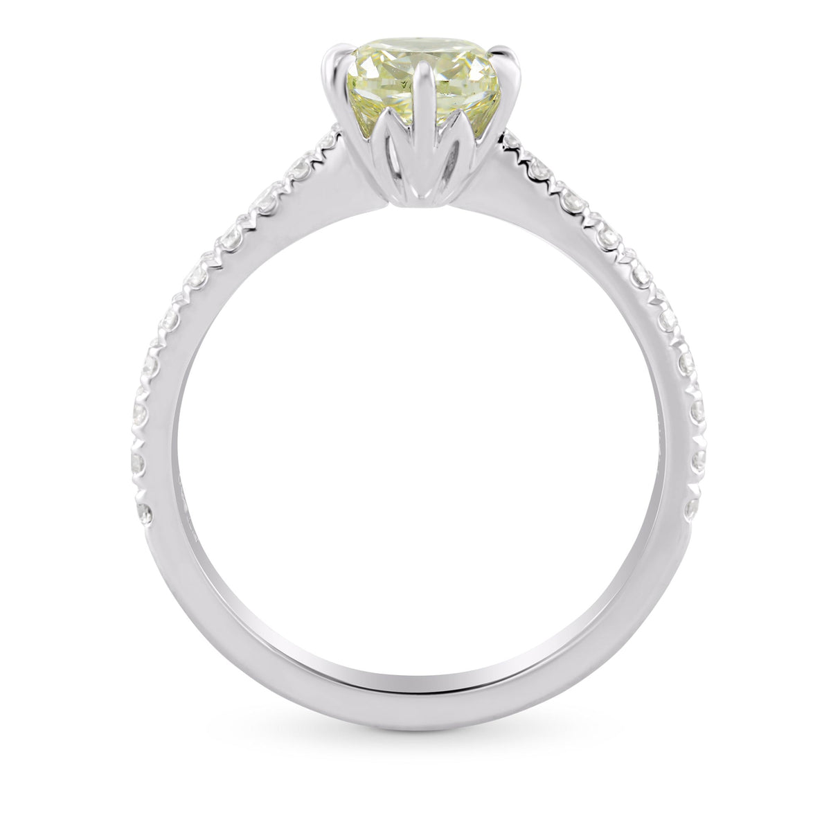 Fancy Yellowish Green Cushion Diamond Side Stone Ring