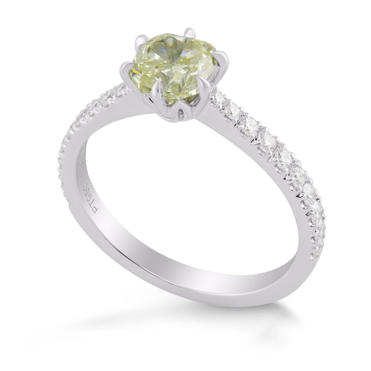 Fancy Yellowish Green Cushion Diamond Side Stone Ring