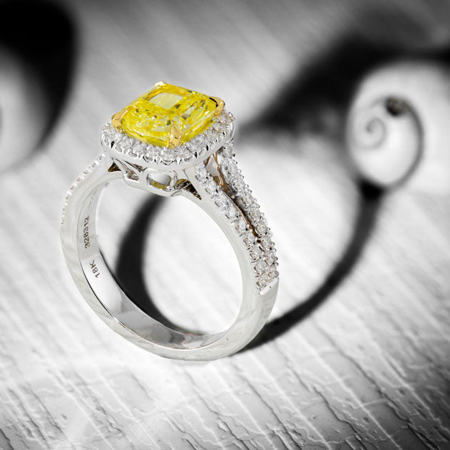 Fancy Vivid Yellow Cushion Split Shank Halo Diamond Ring  