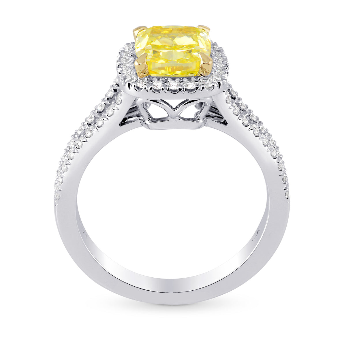 Fancy Vivid Yellow Cushion Split Shank Halo Diamond Ring  