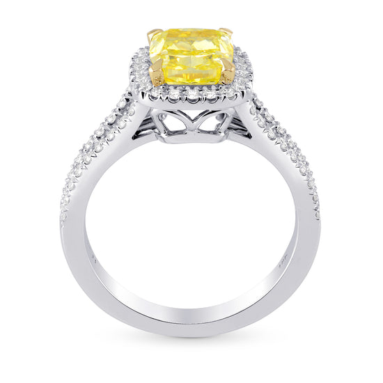 Fancy Vivid Yellow Cushion Split Shank Halo Diamond Ring  