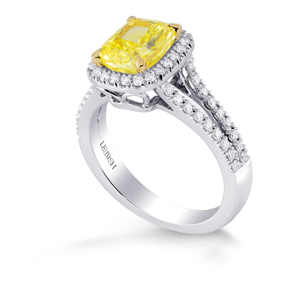Fancy Vivid Yellow Cushion Split Shank Halo Diamond Ring  