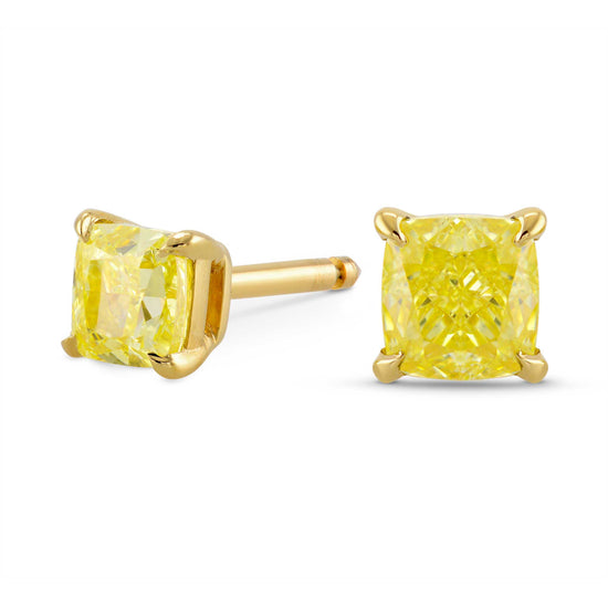 Fancy Yellow Cushion Diamond Stud Earrings 