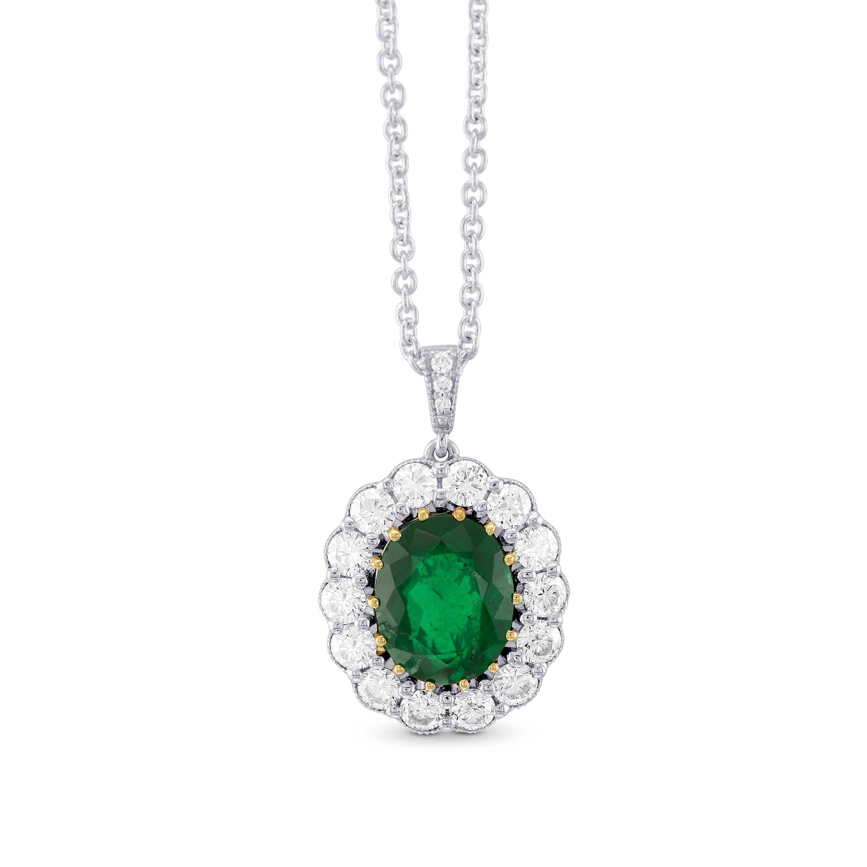 Oval Green Colombian Emerald and Diamond Halo Pendant
