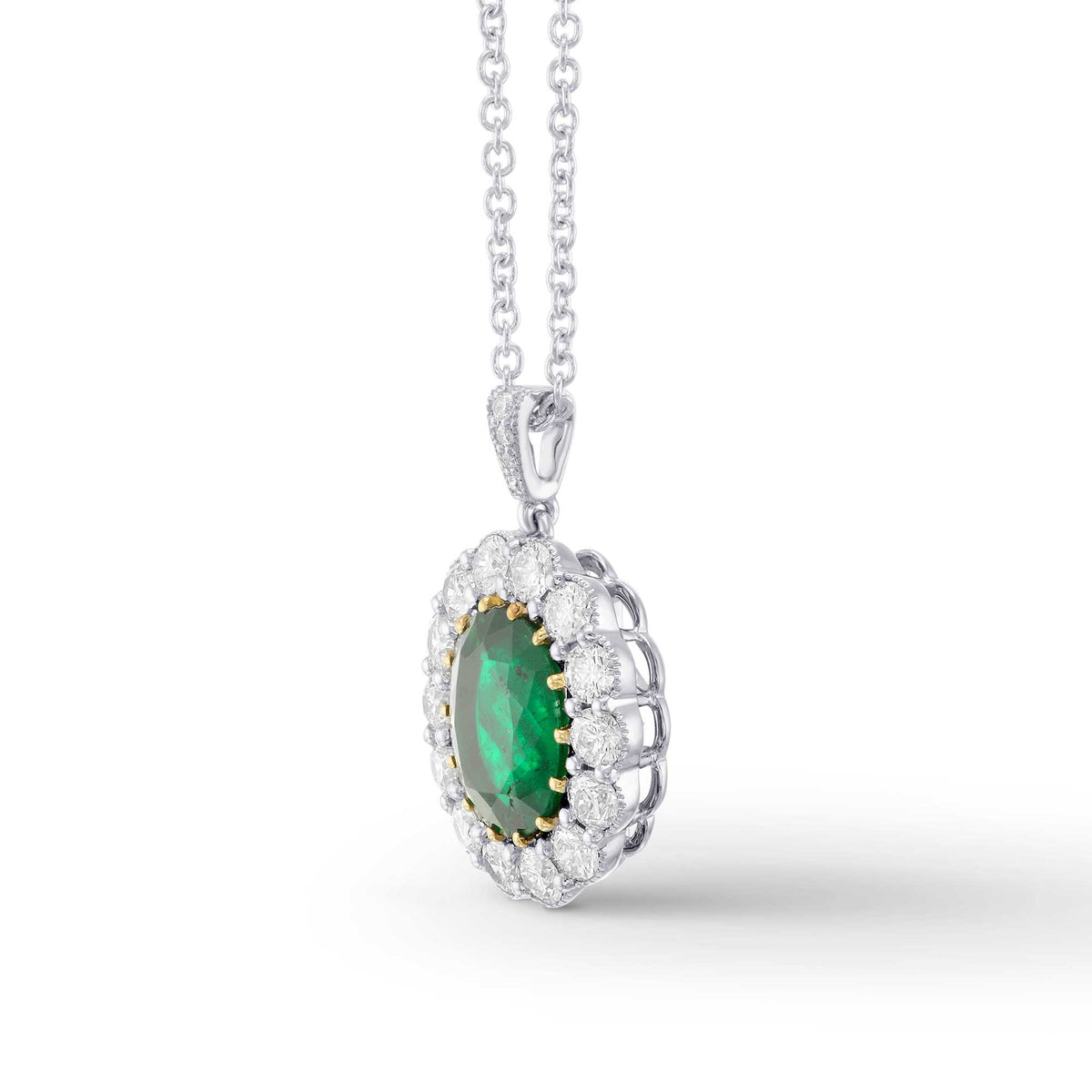 Oval Green Colombian Emerald and Diamond Halo Pendant