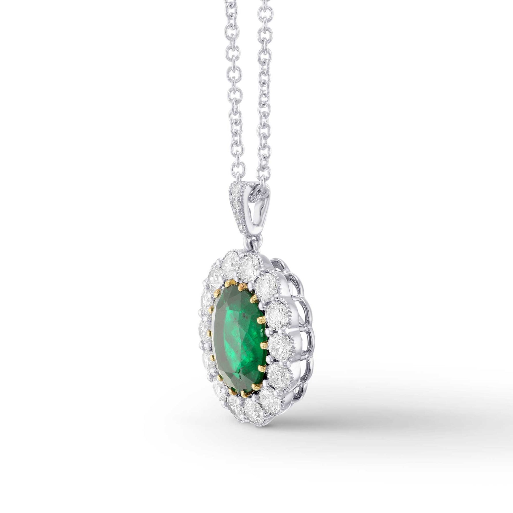 Oval Green Colombian Emerald and Diamond Halo Pendant