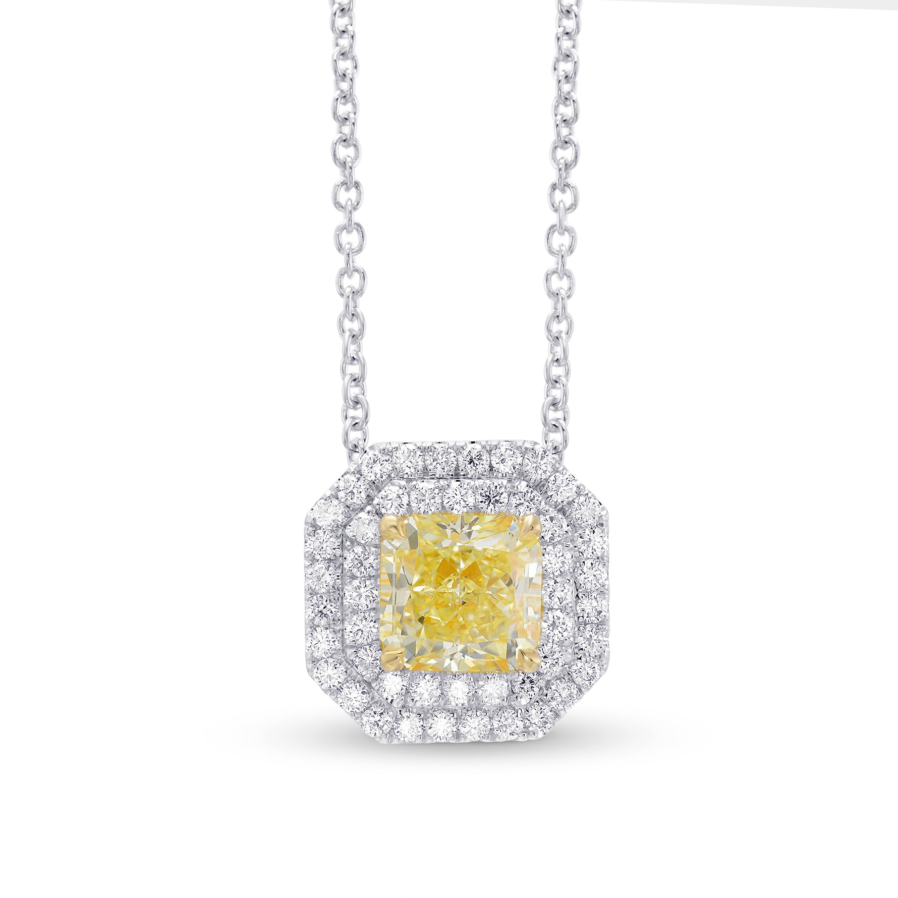Fancy Light Yellow Radiant Diamond Double Halo Pendant