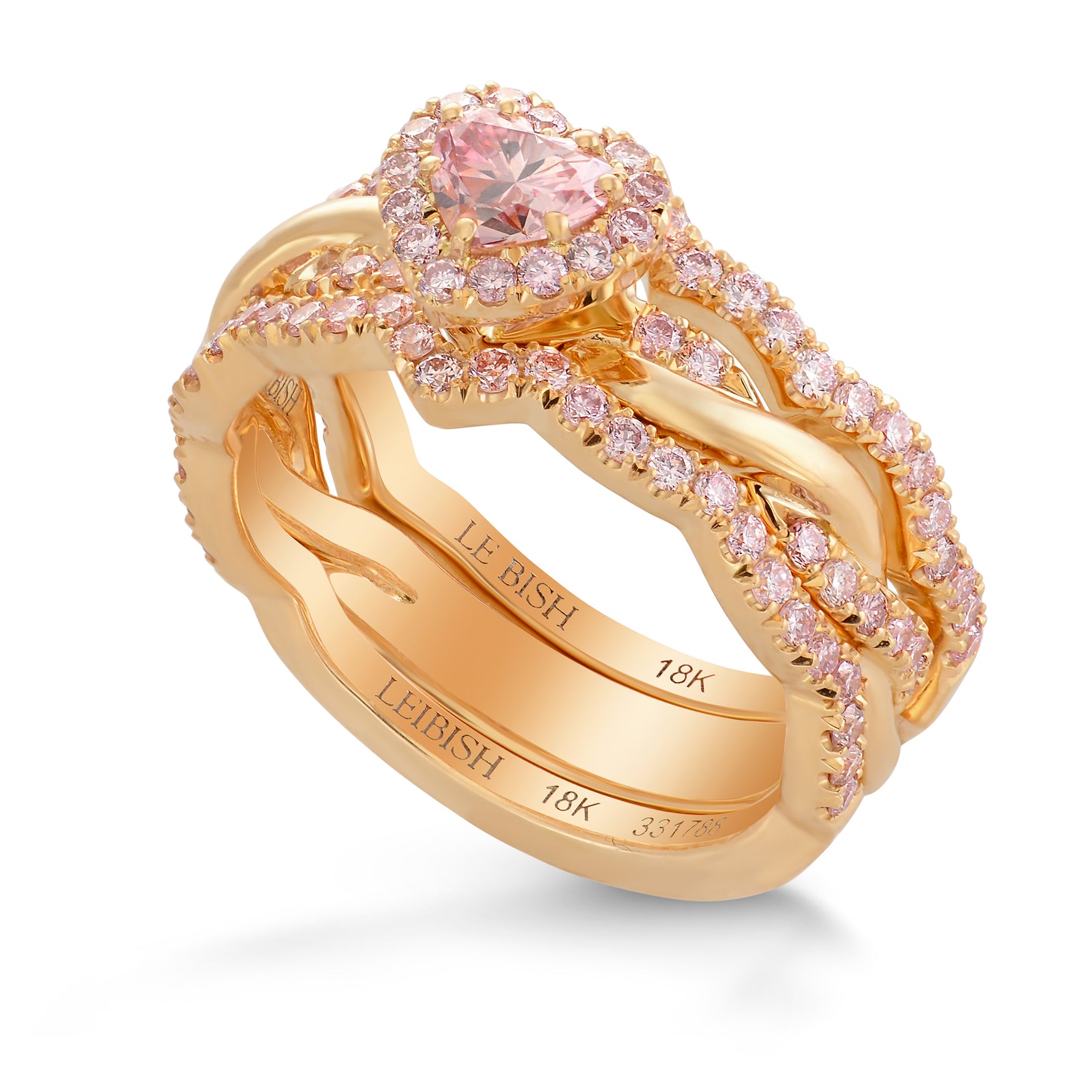 Fancy Intense Pink Heart Diamond Halo Wedding Set Rings 