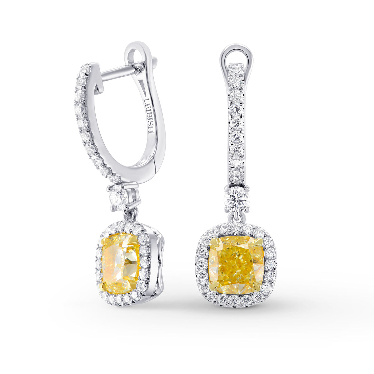 Light Yellow Cushion Diamond Drop Halo Earrings 
