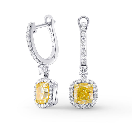 Light Yellow Cushion Diamond Drop Halo Earrings 