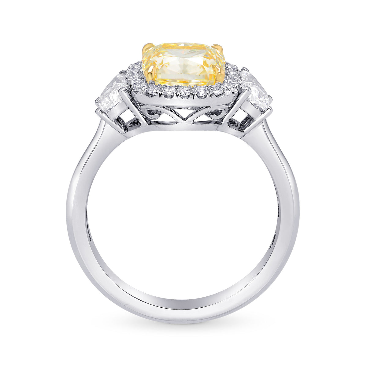 Fancy Light Yellow Cushion Halo & Trapezoid Diamond Ring