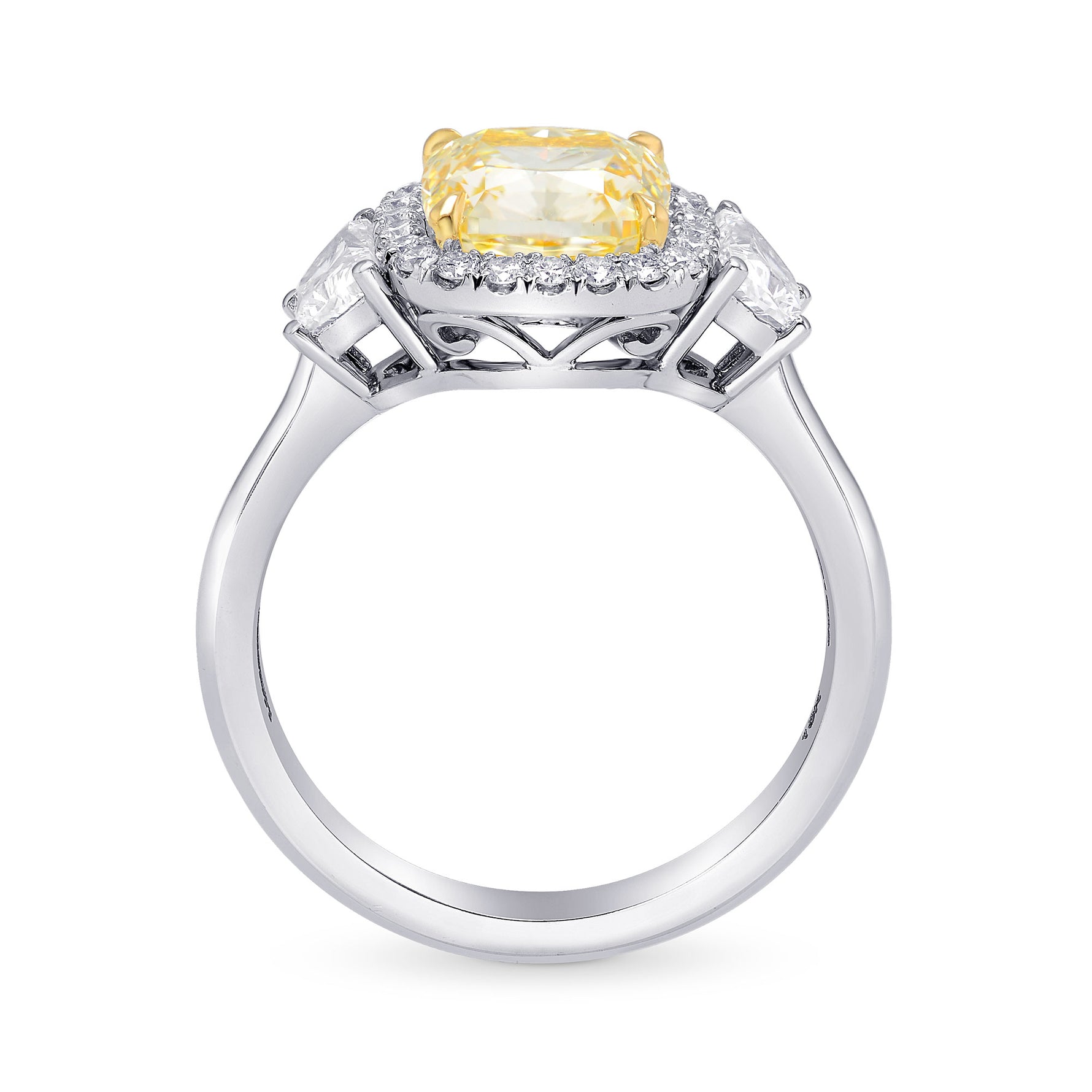 Fancy Light Yellow Cushion Halo & Trapezoid Diamond Ring