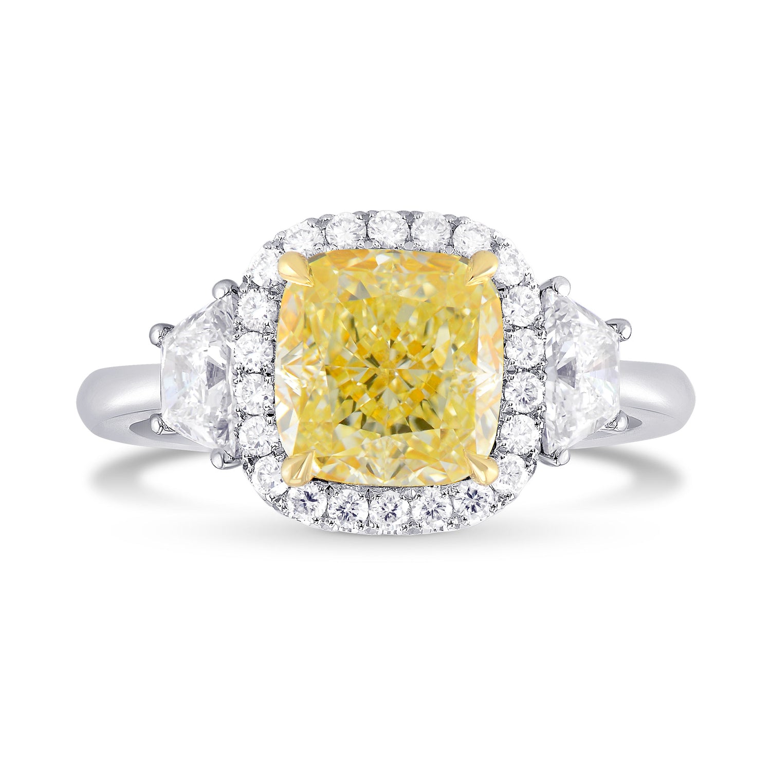 Fancy Light Yellow Cushion Halo & Trapezoid Diamond Ring