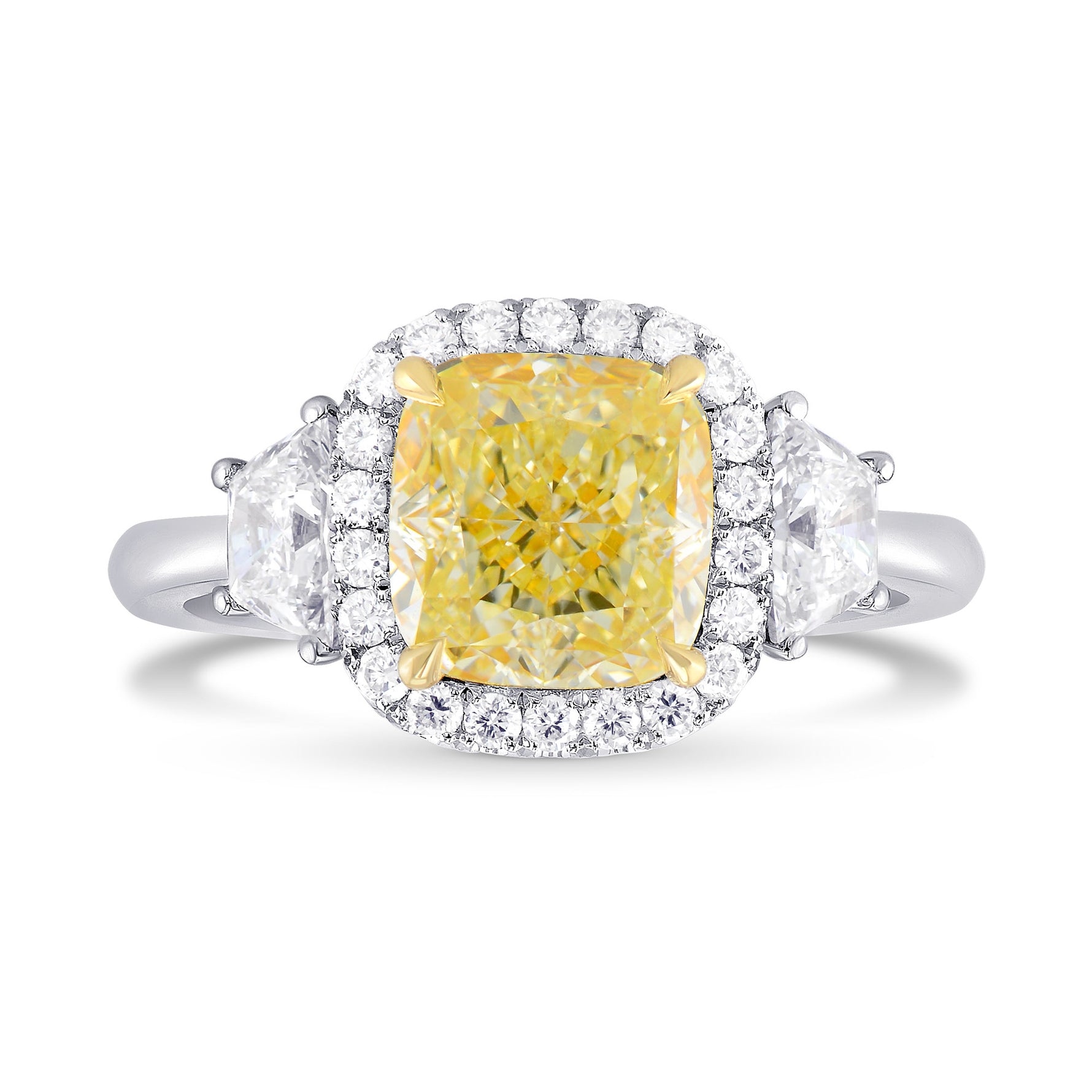 Fancy Light Yellow Cushion Halo & Trapezoid Diamond Ring