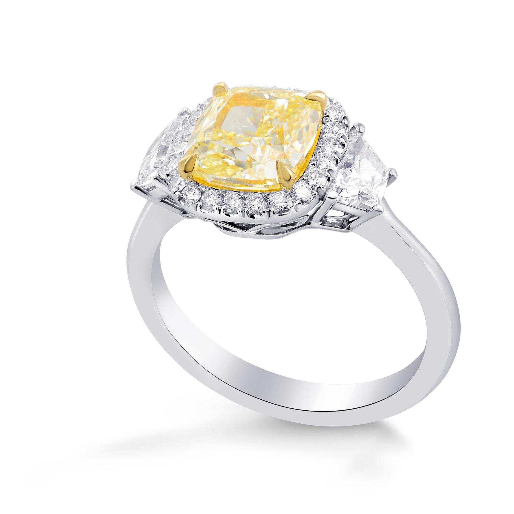 Fancy Light Yellow Cushion Halo & Trapezoid Diamond Ring