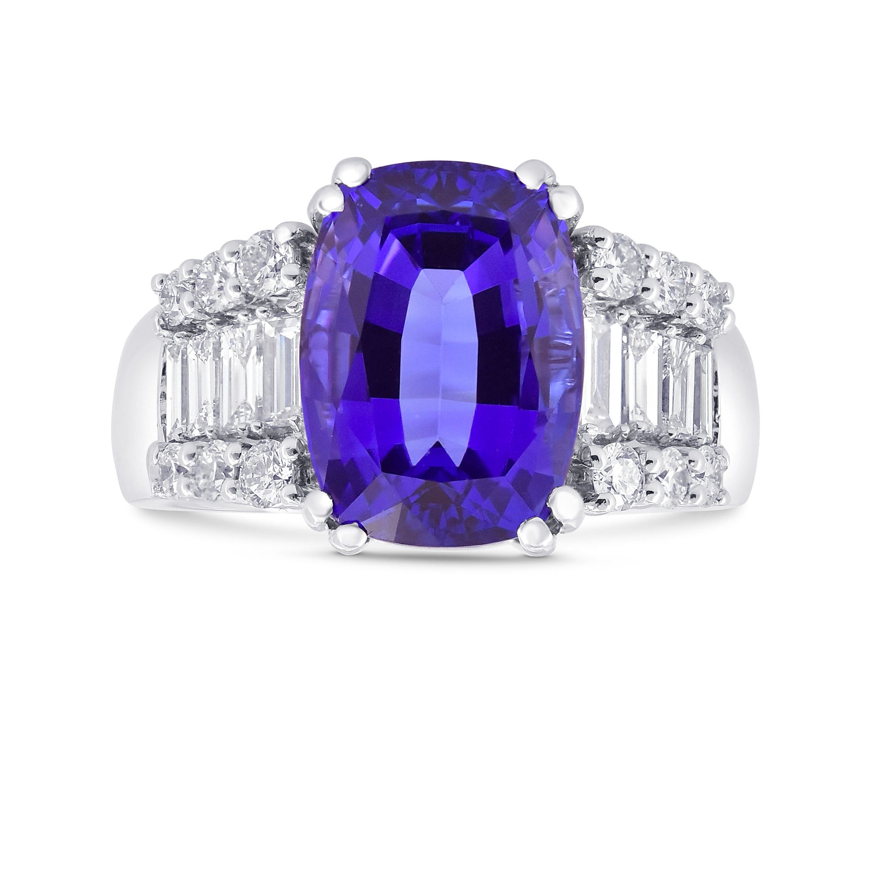 Cushion Tanzanite & Diamond Side-stone Ring
