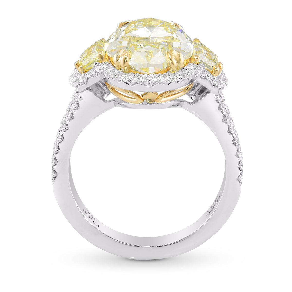 Light Yellow Oval 3 stones Halo Diamond Ring