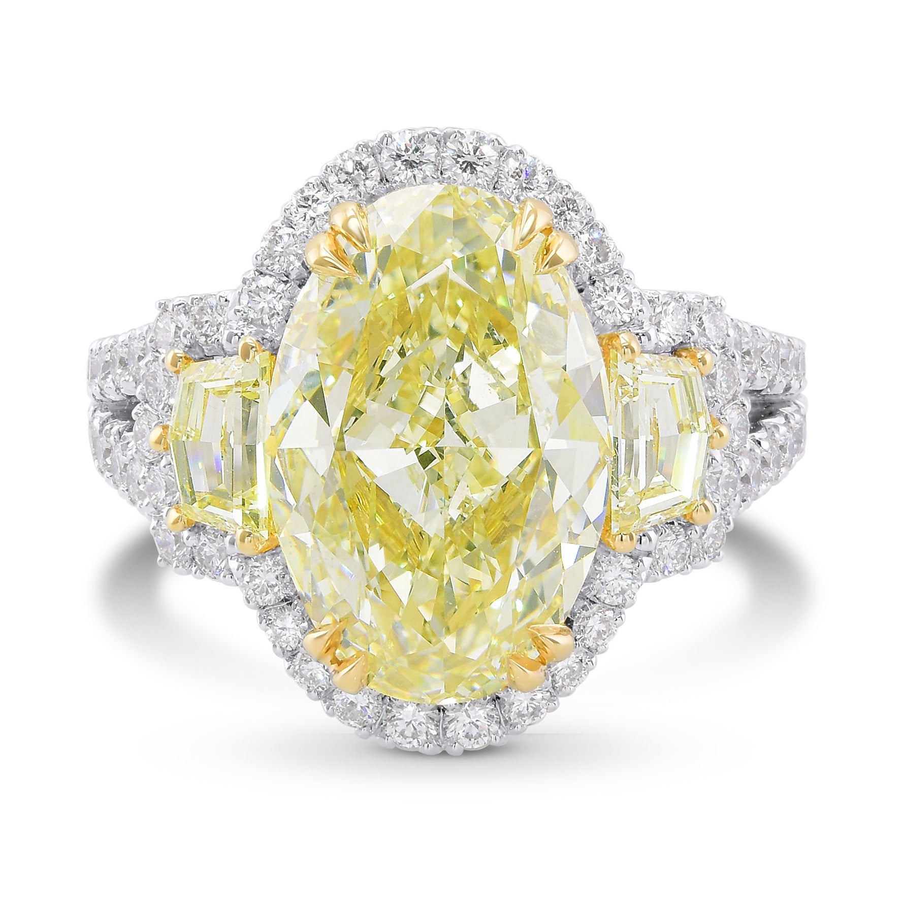 Light Yellow Oval 3 stones Halo Diamond Ring