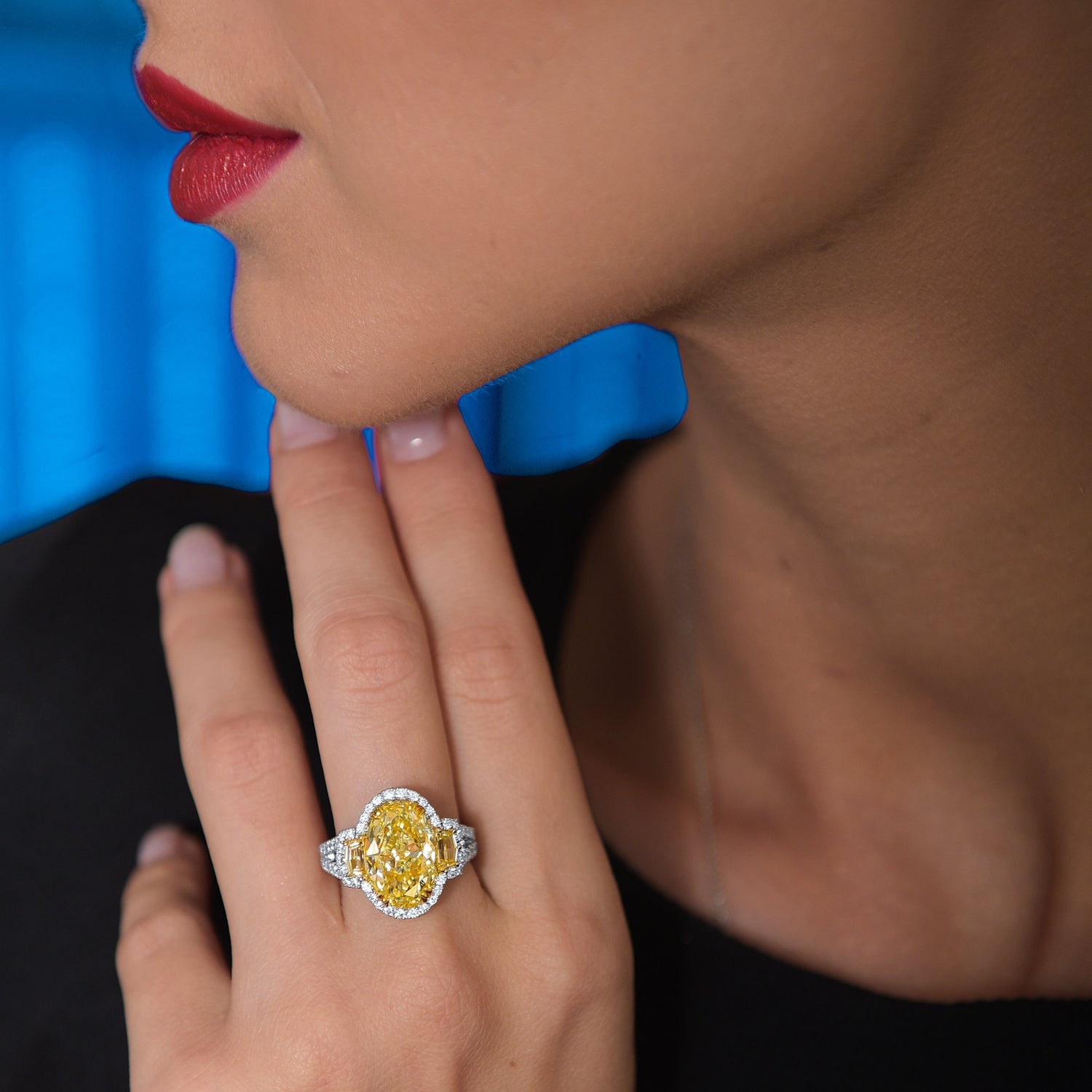 Light Yellow Oval 3 stones Halo Diamond Ring