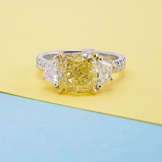 Fancy Yellow Cushion & Trapezoid Diamond 3 Stone Ring