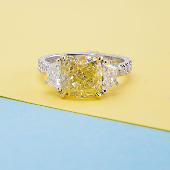 Fancy Yellow Cushion & Trapezoid Diamond 3 Stone Ring