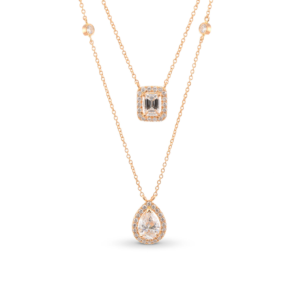 White Pear and Emerald Shape Diamonds By The Yard Double Chain Necklace 