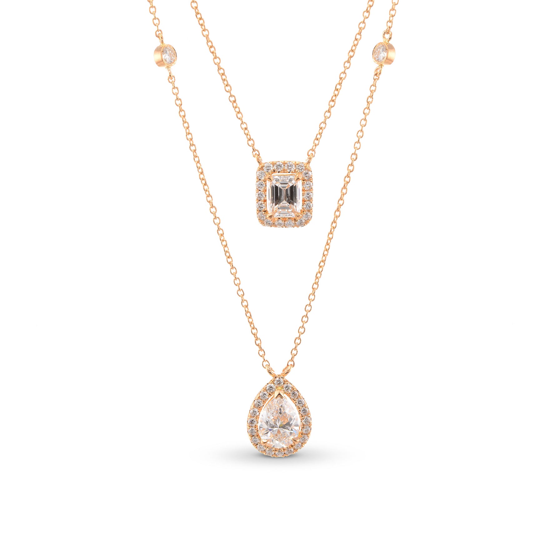 White Pear and Emerald Shape Diamonds By The Yard Double Chain Necklace 