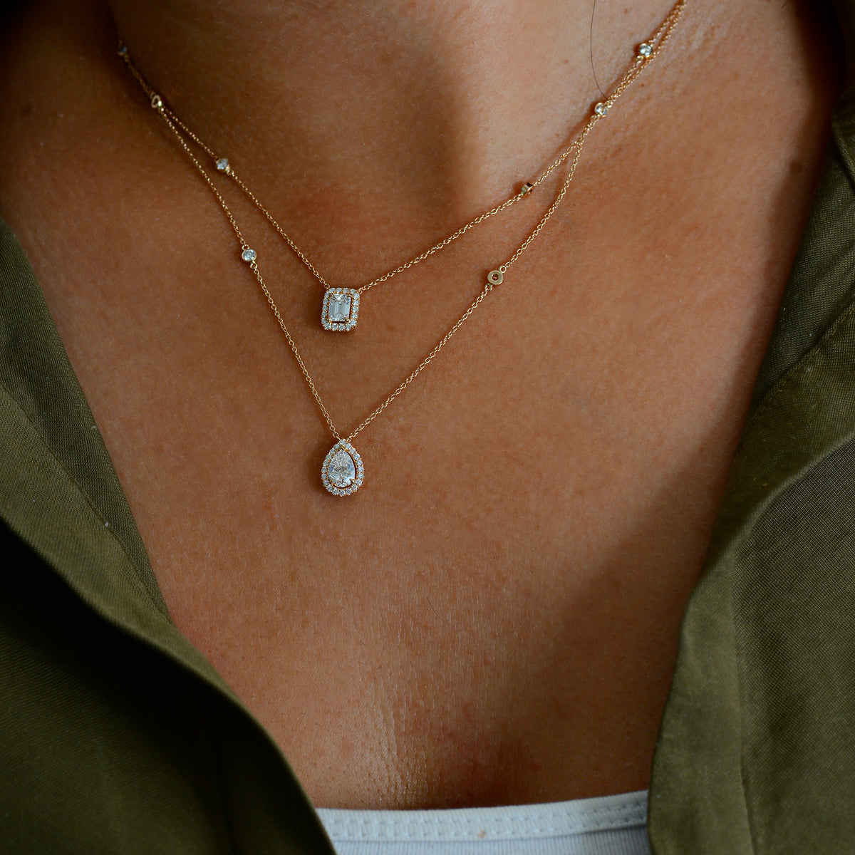 White Pear and Emerald Shape Diamonds By The Yard Double Chain Necklace 