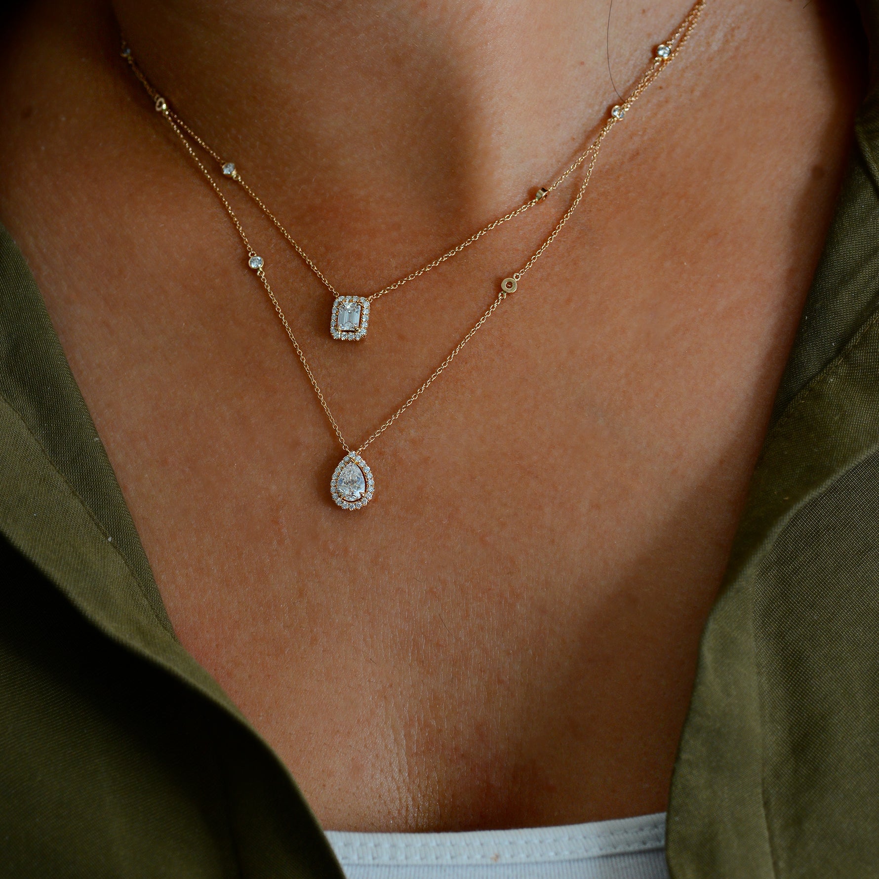 White Pear and Emerald Shape Diamonds By The Yard Double Chain Necklace 
