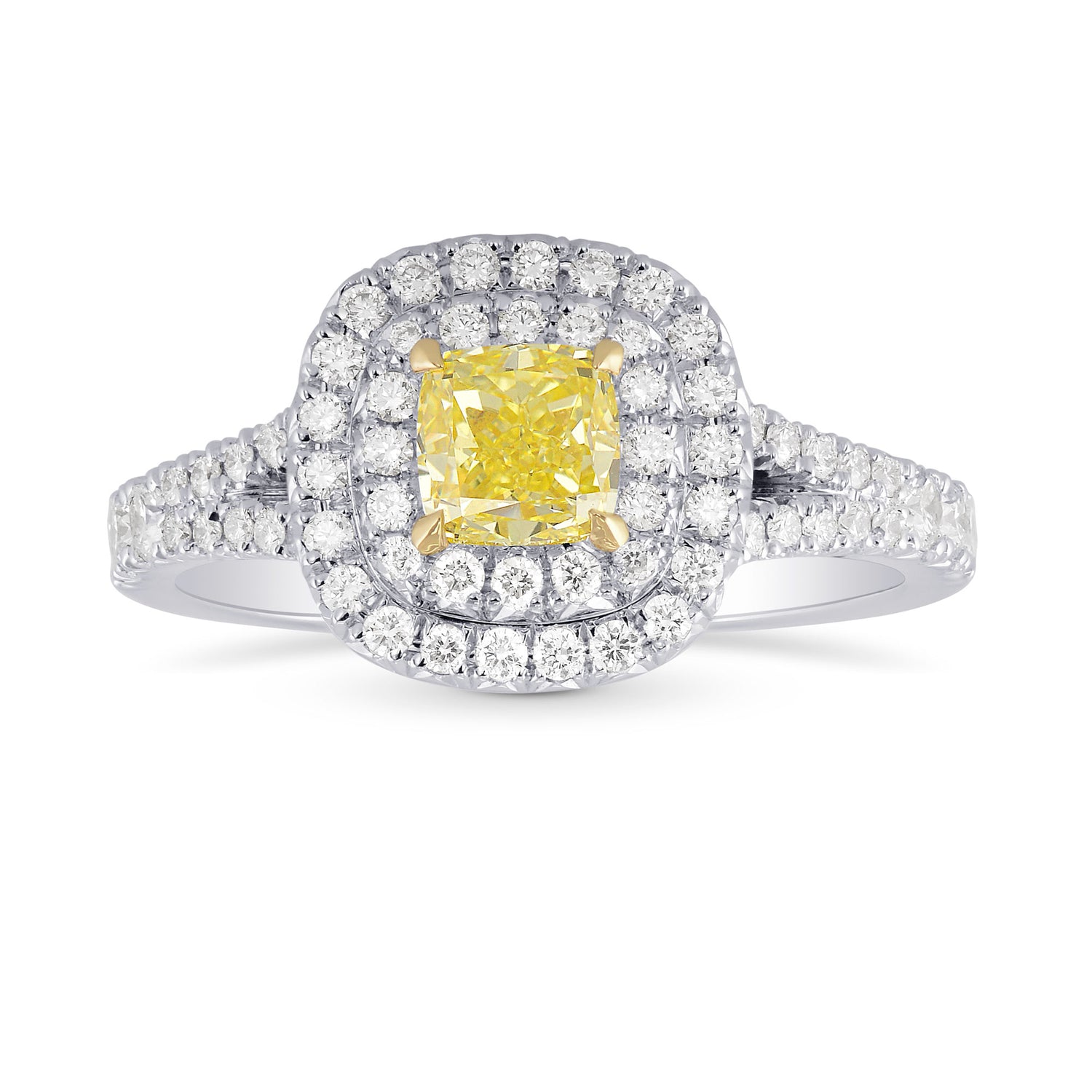 Fancy Intense Yellow Cushion Diamond Double Halo Ring 