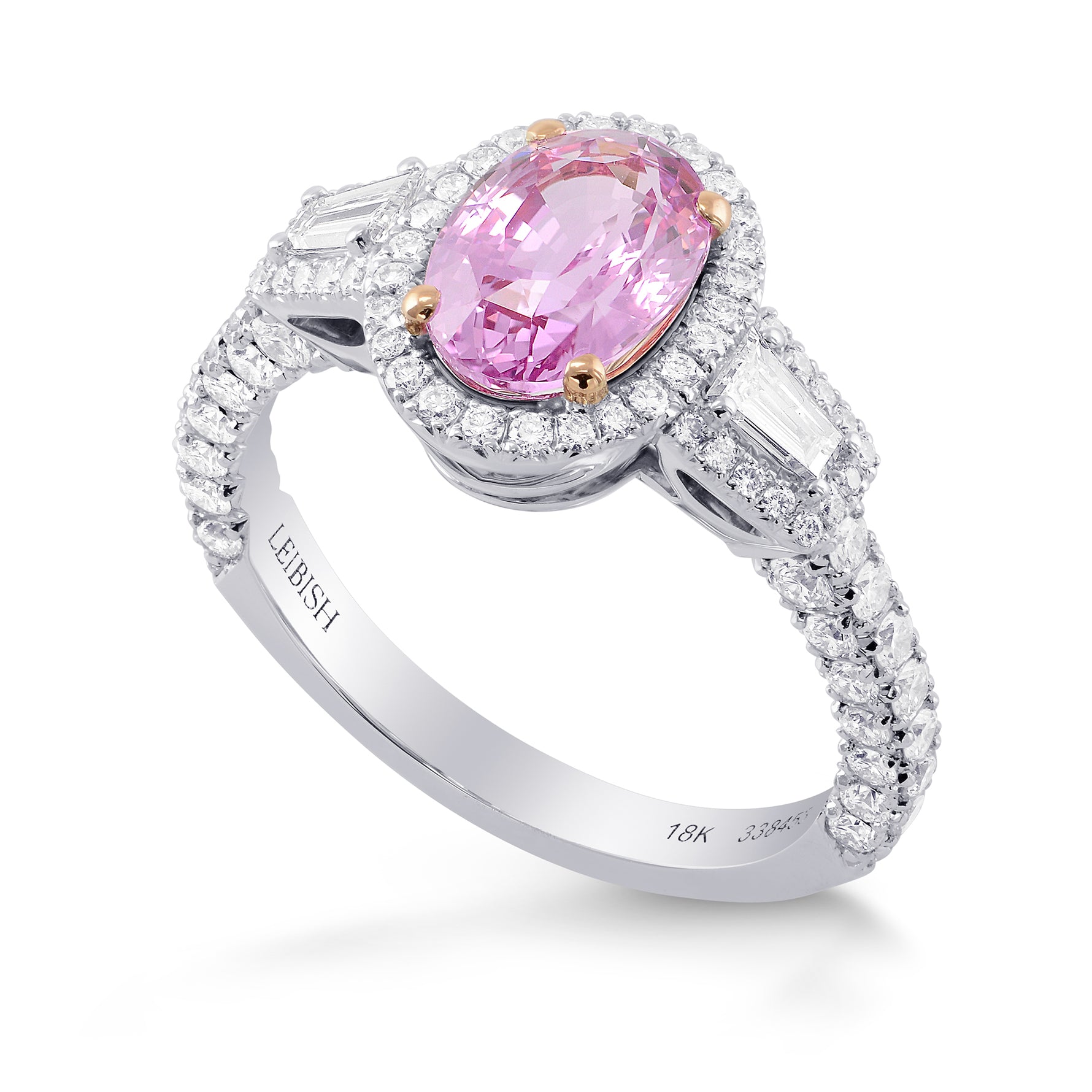 Oval Pink Sapphire & Diamond Halo 3 Stone Ring