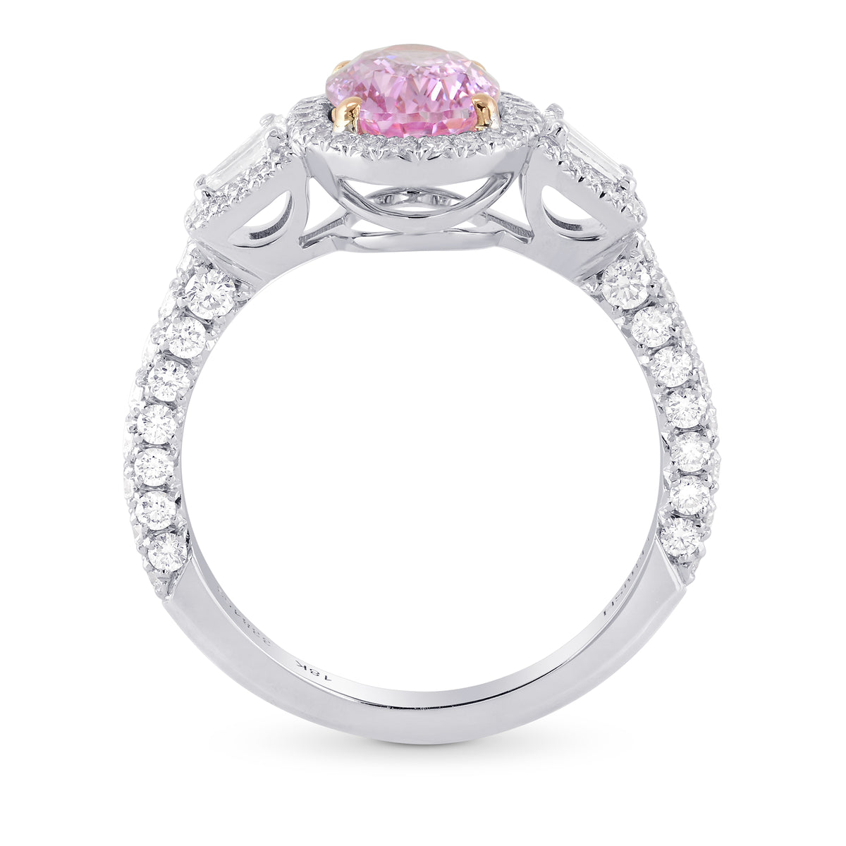 Oval Pink Sapphire & Diamond Halo 3 Stone Ring