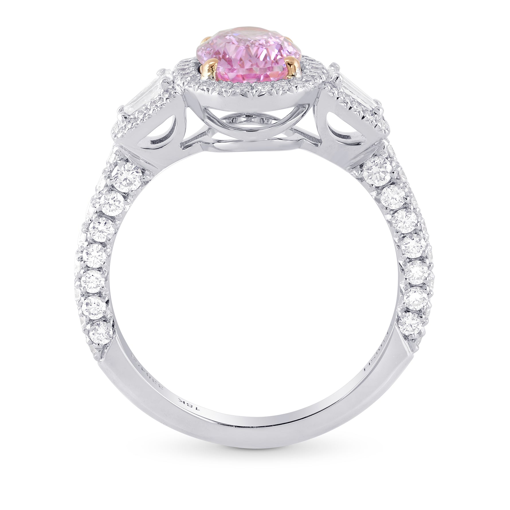 Oval Pink Sapphire & Diamond Halo 3 Stone Ring