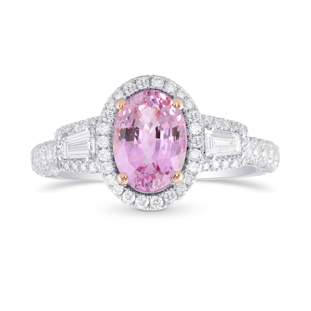 Oval Pink Sapphire & Diamond Halo 3 Stone Ring