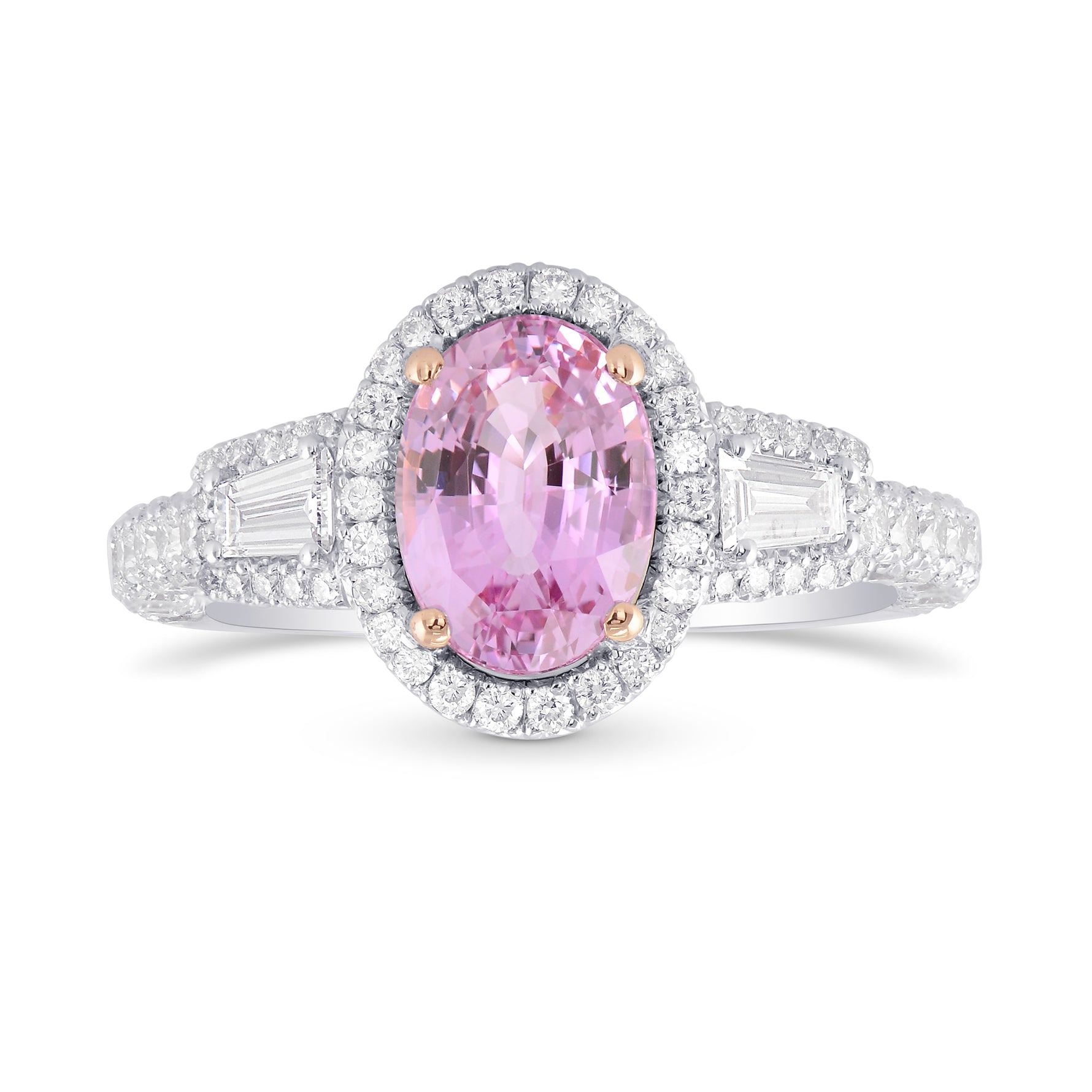Oval Pink Sapphire & Diamond Halo 3 Stone Ring