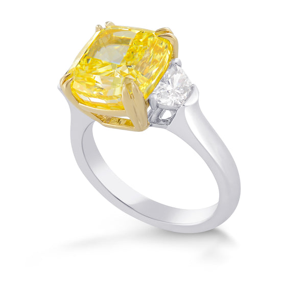 Fancy Vivid Yellow Cushion Diamond and Half-moon 3 stone Ring