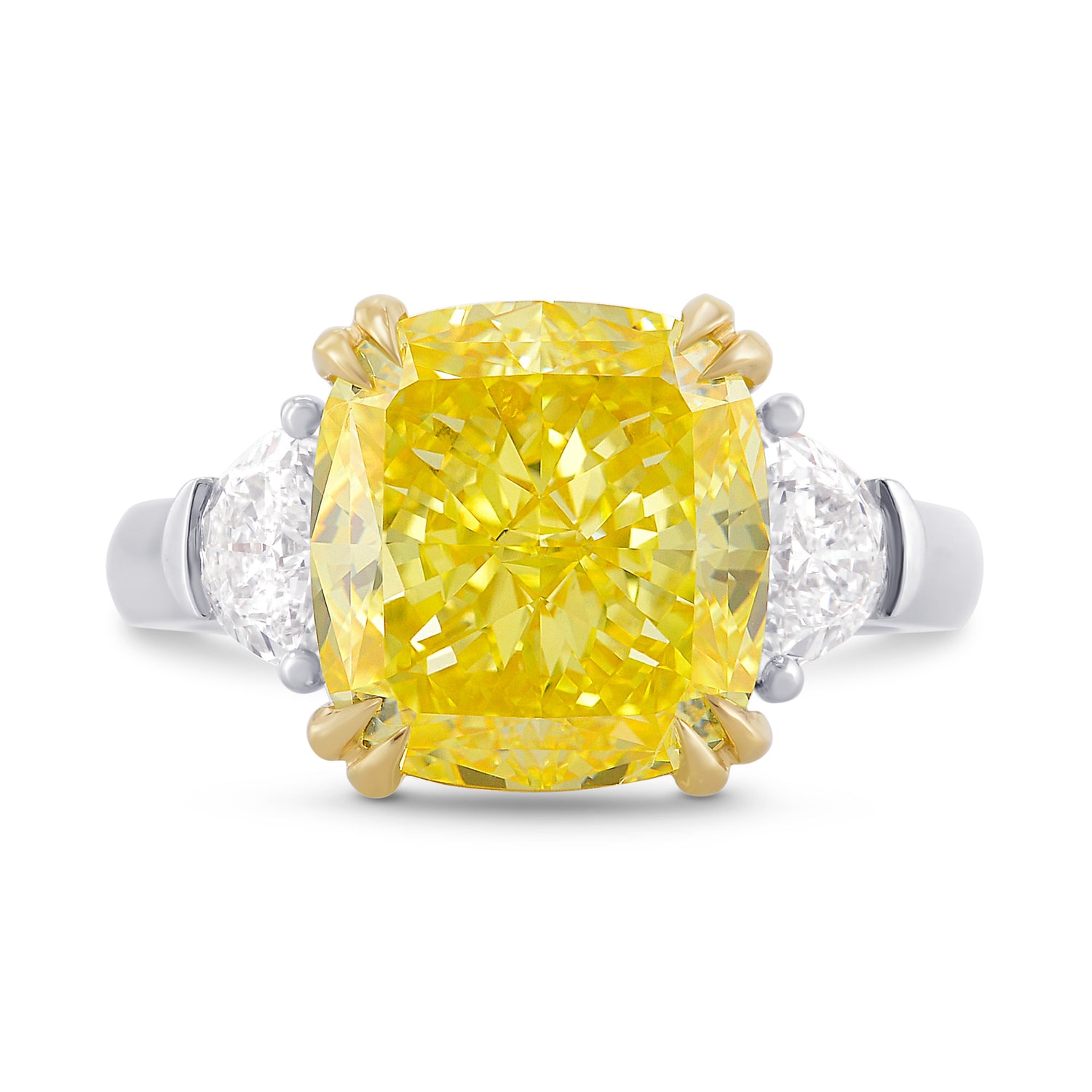 Fancy Vivid Yellow Cushion Diamond and Half-moon 3 stone Ring