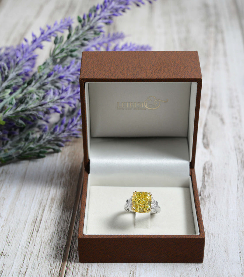 Fancy Vivid Yellow Cushion Diamond and Half-moon 3 stone Ring