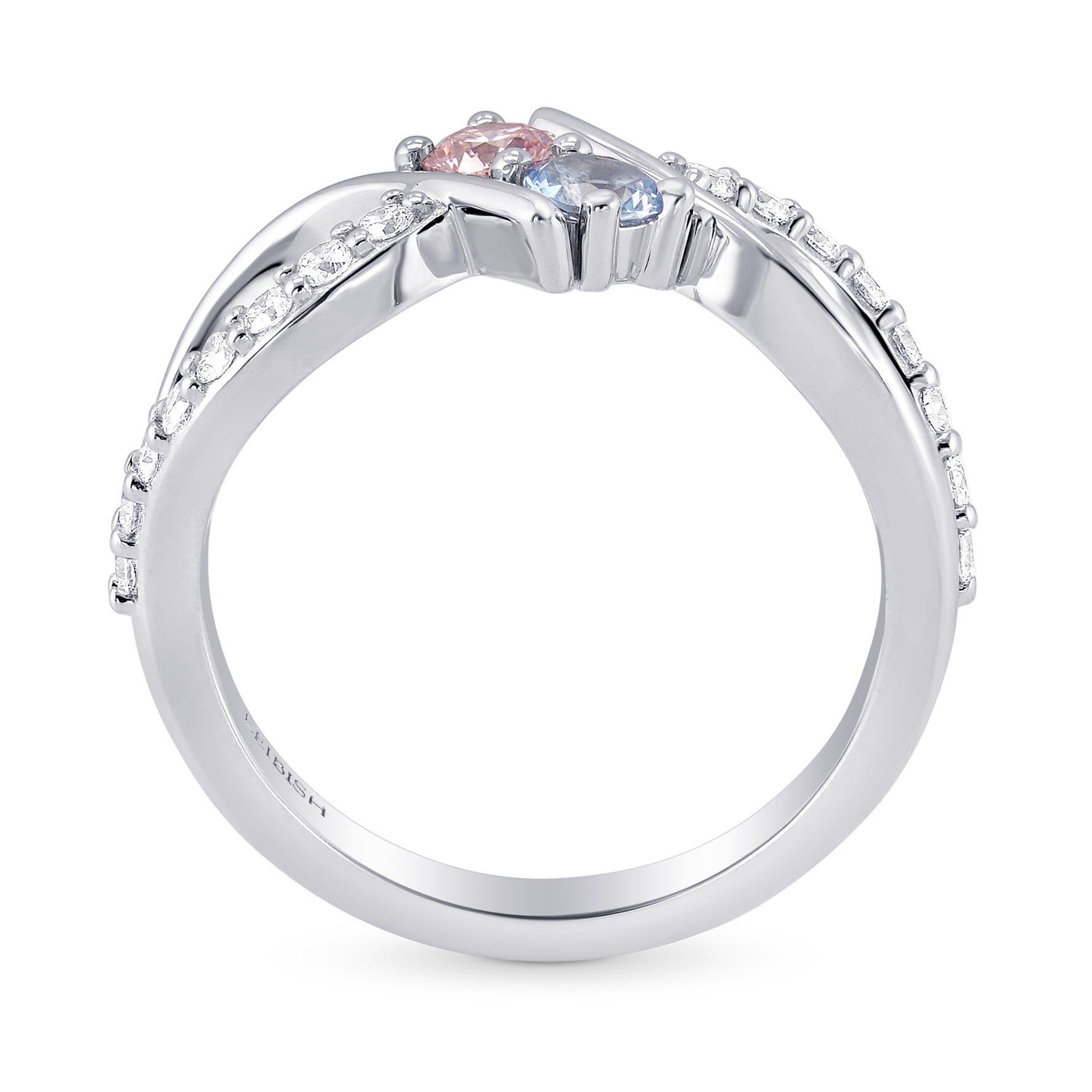 Fancy Purplish Pink Round Diamond and Aquamarine 2 Stone Ring