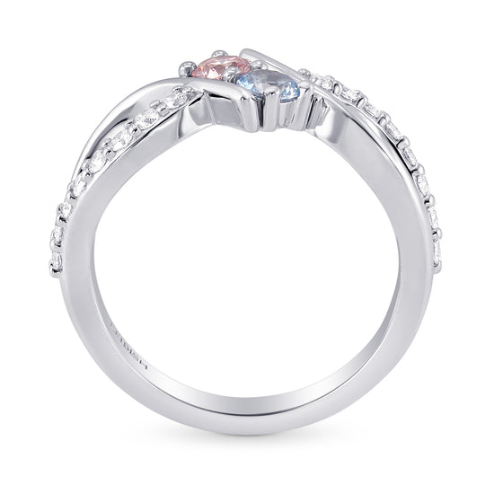 Fancy Purplish Pink Round Diamond and Aquamarine 2 Stone Ring