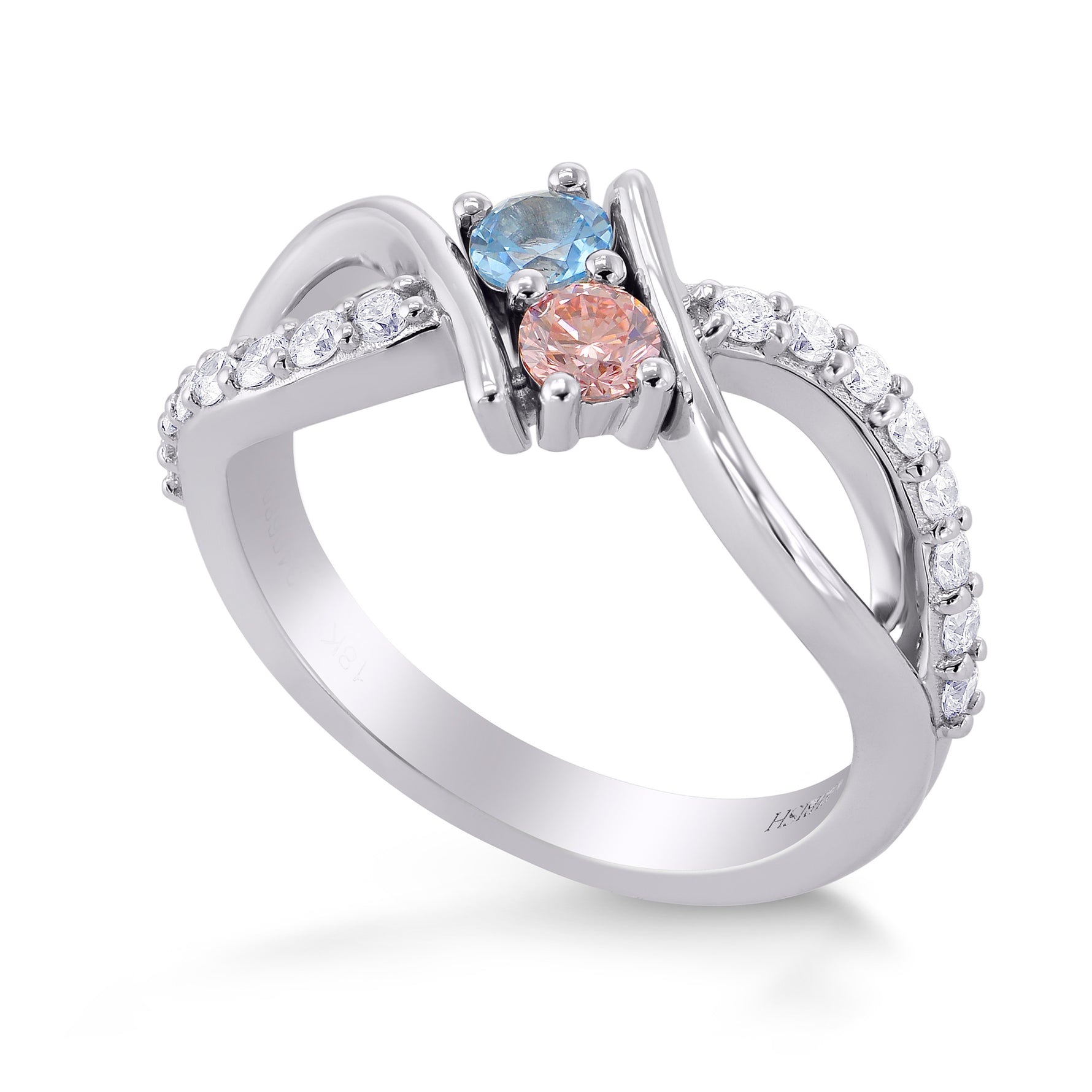 Fancy Purplish Pink Round Diamond and Aquamarine 2 Stone Ring