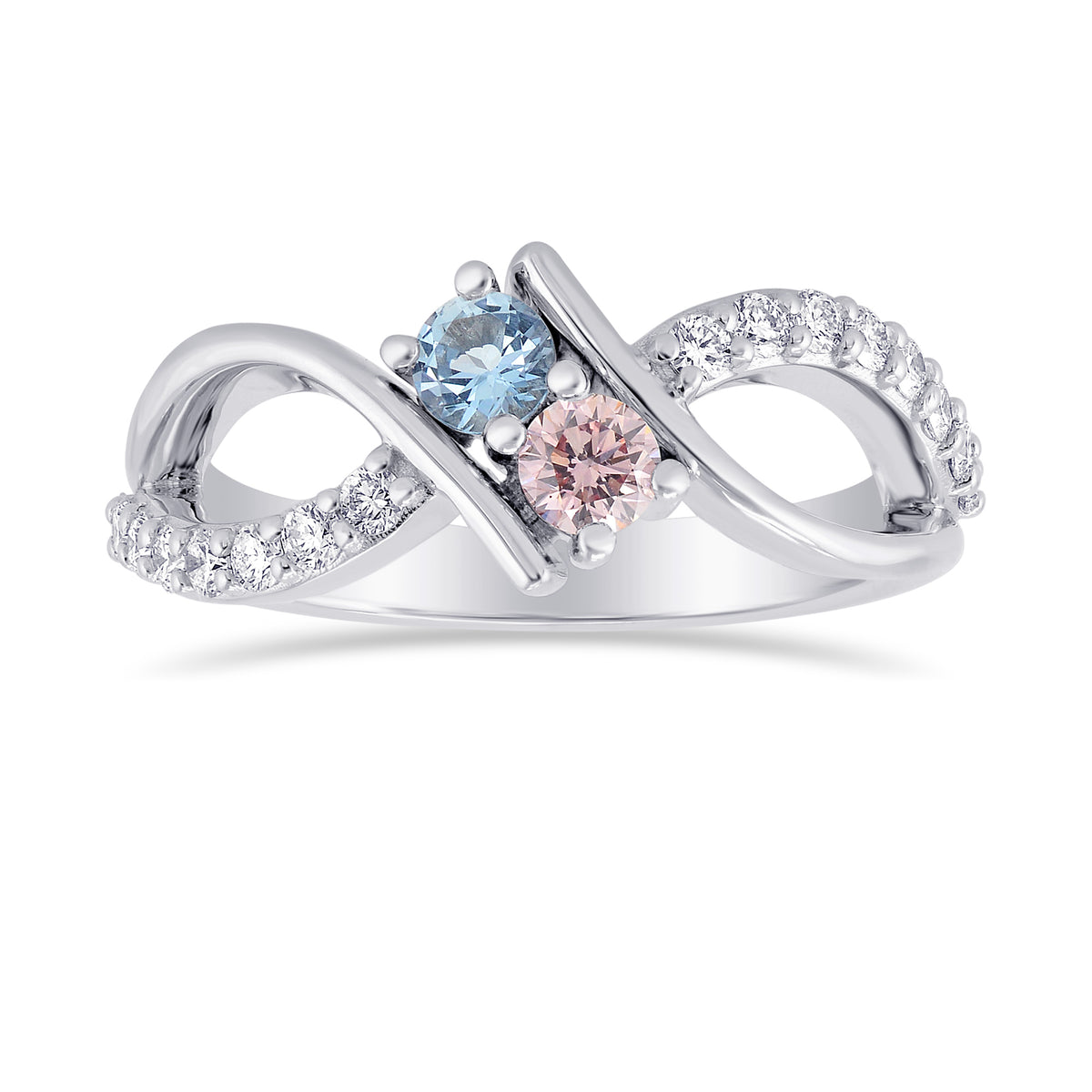 Fancy Purplish Pink Round Diamond and Aquamarine 2 Stone Ring
