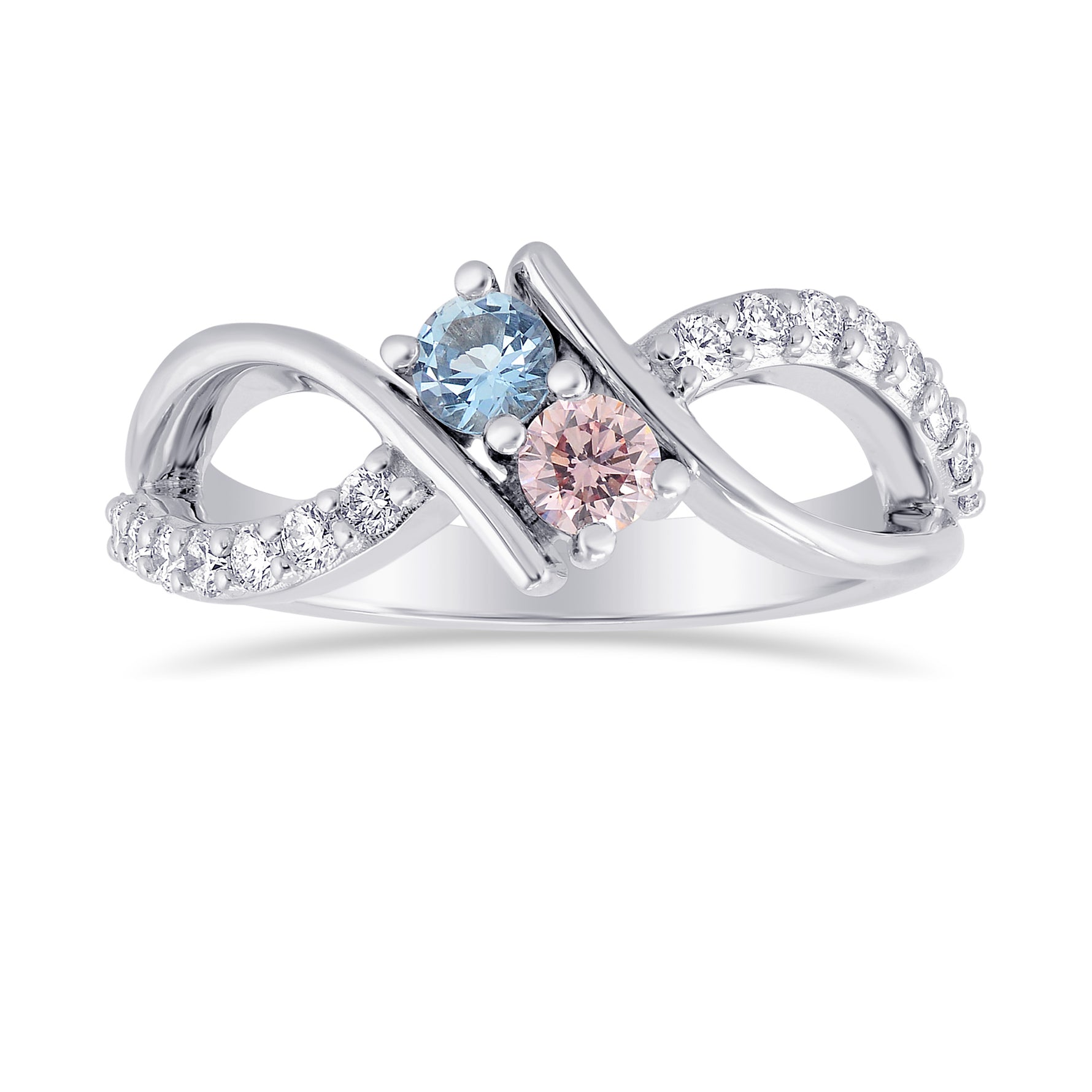 Fancy Purplish Pink Round Diamond and Aquamarine 2 Stone Ring