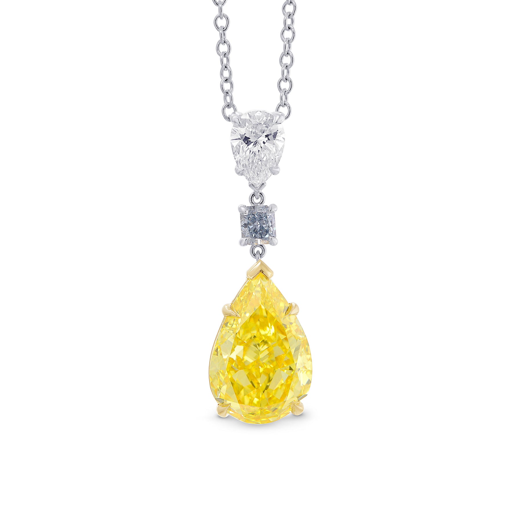 Fancy Vivid Yellow Pear Shape Three Stone Diamond Pendant