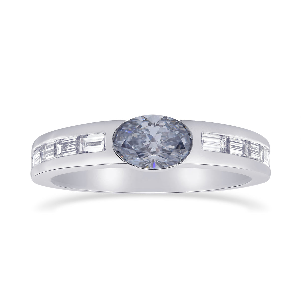 Fancy Intense Blue Oval and Baguette Diamond side stone ring