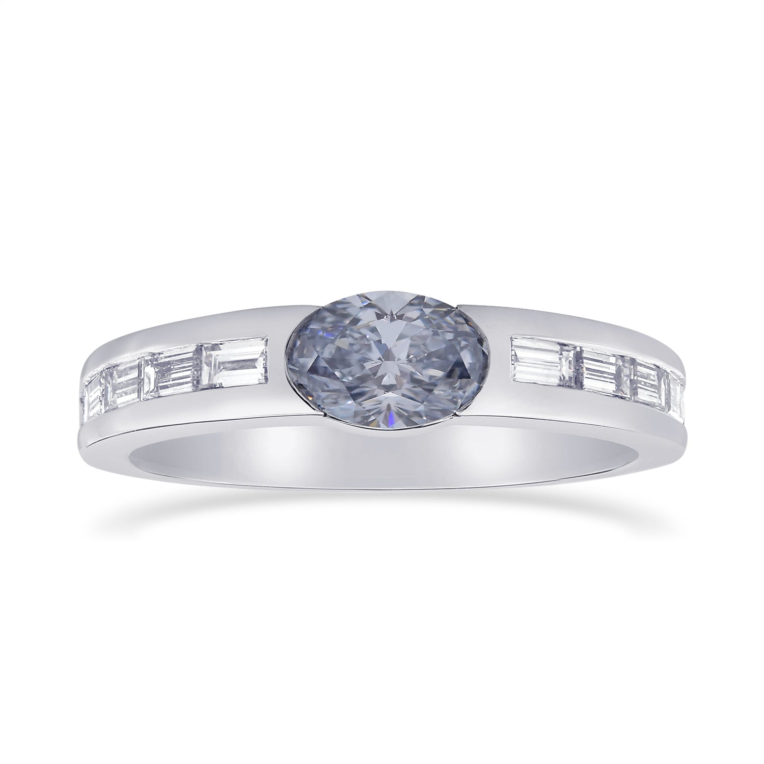 Fancy Intense Blue Oval and Baguette Diamond side stone ring