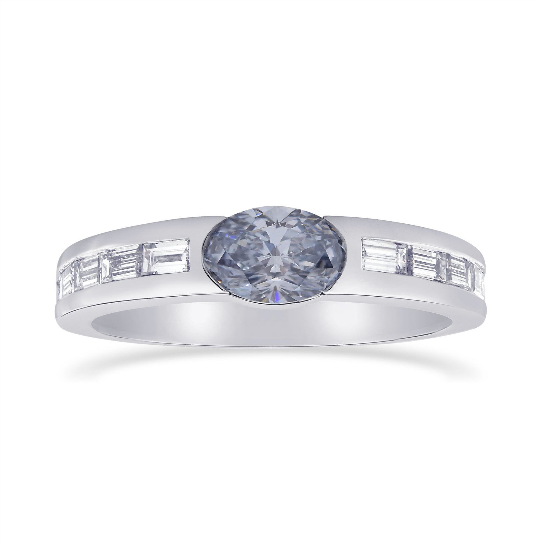 Fancy Intense Blue Oval and Baguette Diamond side stone ring